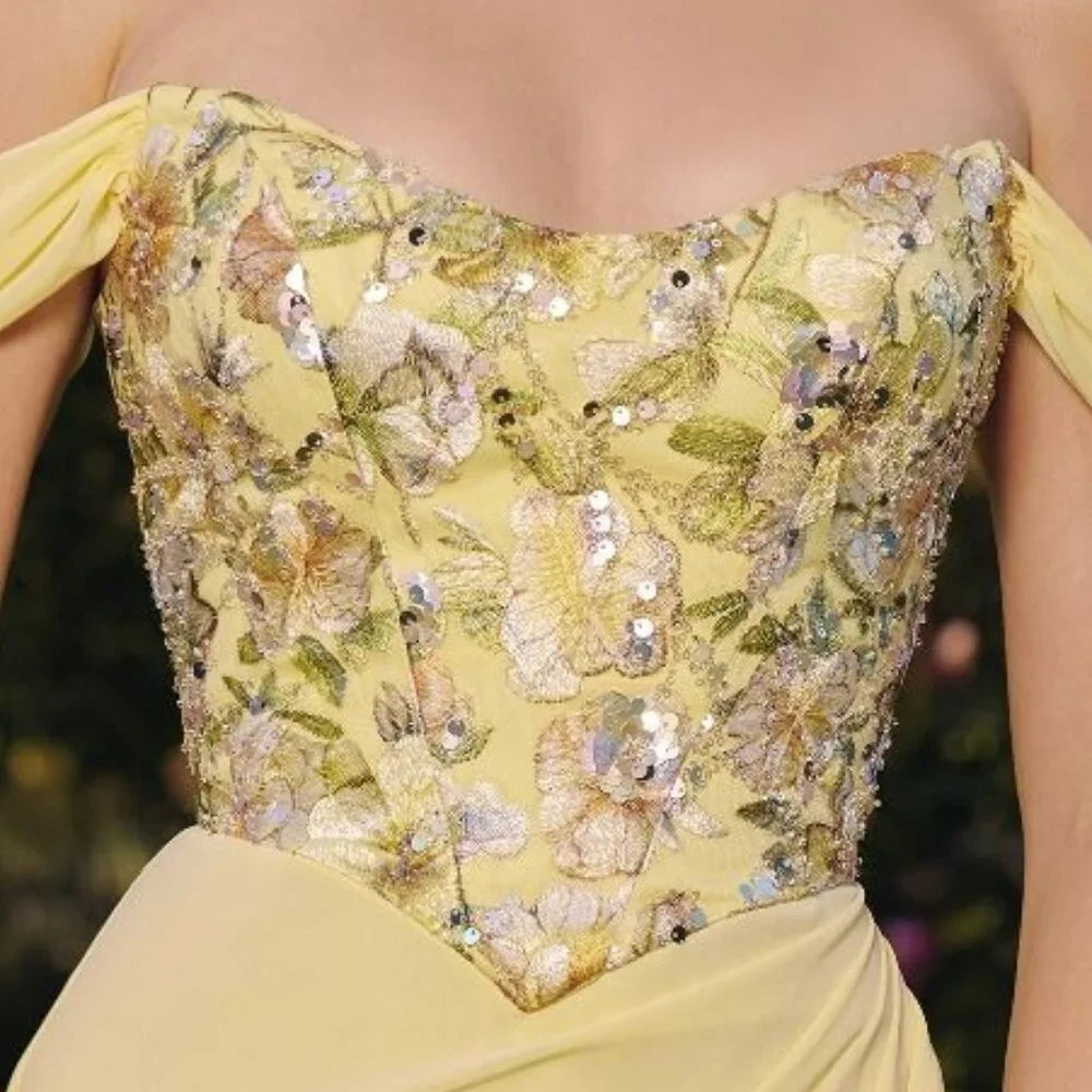 New LT Yellow Off The Shoulder Long Floral Chiffon Gown w/ Lace Up Back CD T721 - Picture 5 of 11